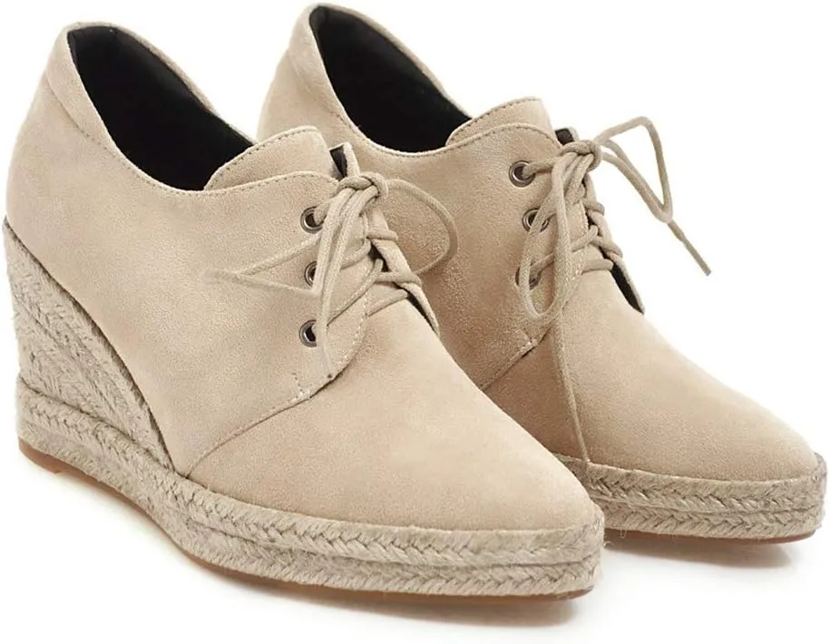 MIOKE Women's Lace Up Espadrilles Wedge Pumps Close Pointed Toe Platform High Heels Casual Sandals Shoes