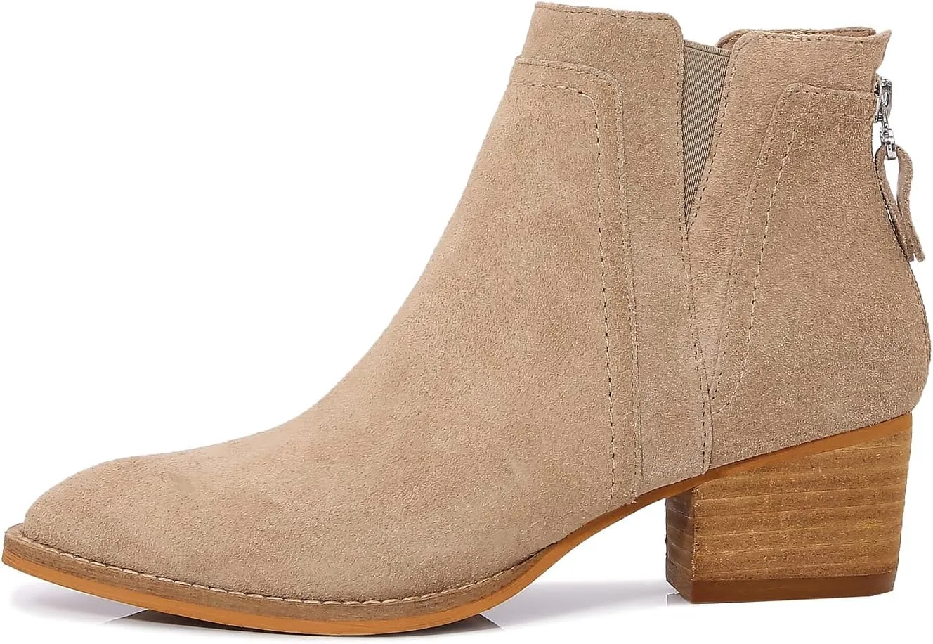mm Women's Leather Ankle Boots, Classic Pointed Toe Chunky Low Wooden Heel Back Zipper Casual Chelsea Western Booties for Ladies Fall,Black Khaki