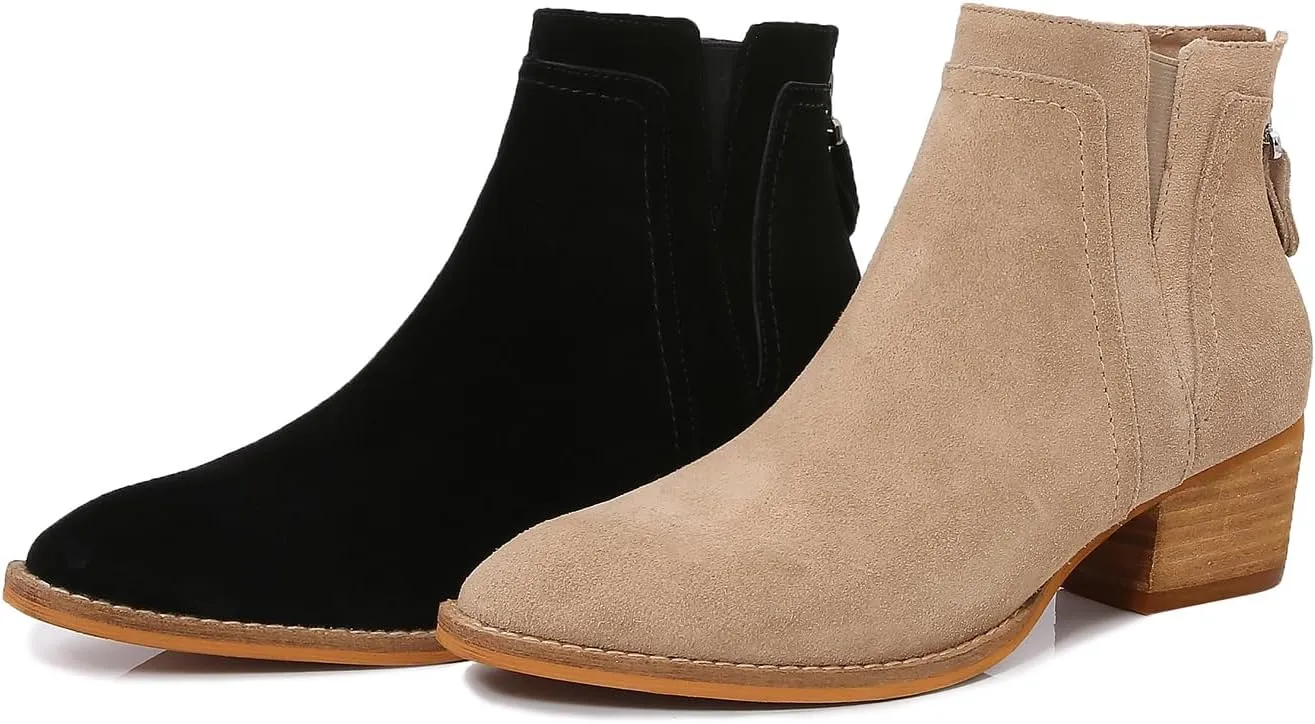 mm Women's Leather Ankle Boots, Classic Pointed Toe Chunky Low Wooden Heel Back Zipper Casual Chelsea Western Booties for Ladies Fall,Black Khaki