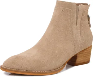 mm Women's Leather Ankle Boots, Classic Pointed Toe Chunky Low Wooden Heel Back Zipper Casual Chelsea Western Booties for Ladies Fall,Black Khaki