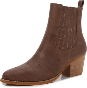 mm Women's Pointed Toe Mid Heels Chelsea Ankle Boots, Slip On Elastic Chunky Block Wooden Heel Short Western Cowboy Short Booties for Ladies, Brown Black White