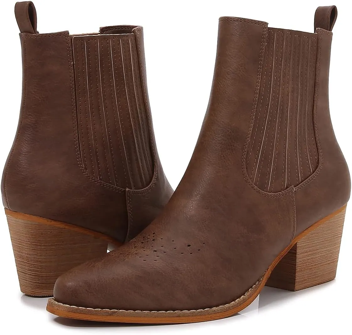 mm Women's Pointed Toe Mid Heels Chelsea Ankle Boots, Slip On Elastic Chunky Block Wooden Heel Short Western Cowboy Short Booties for Ladies, Brown Black White