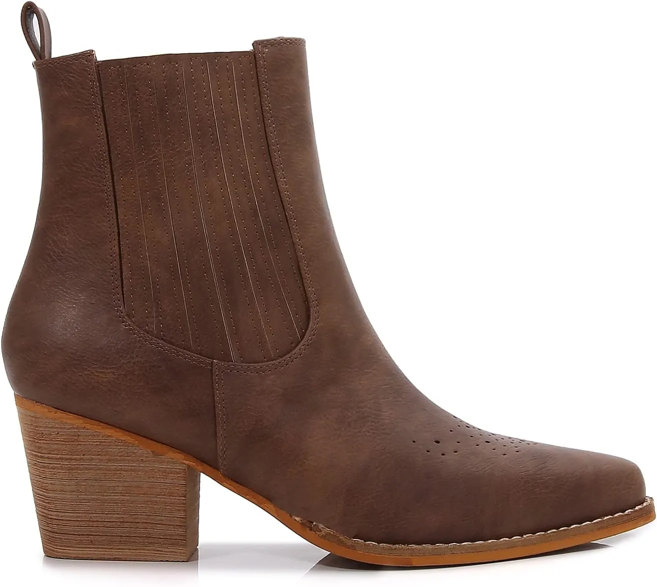 mm Women's Pointed Toe Mid Heels Chelsea Ankle Boots, Slip On Elastic Chunky Block Wooden Heel Short Western Cowboy Short Booties for Ladies, Brown Black White