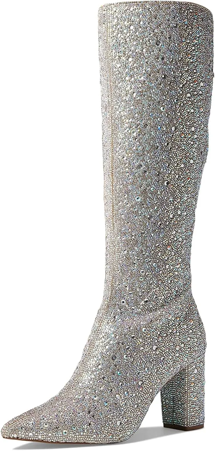 MUCCCUTE Women's Rhinestone Ankle Boots Point-Toe Block Chunky Heel Sparkly Party Wedding Booties Glitter Dressy Fashion Short Boots