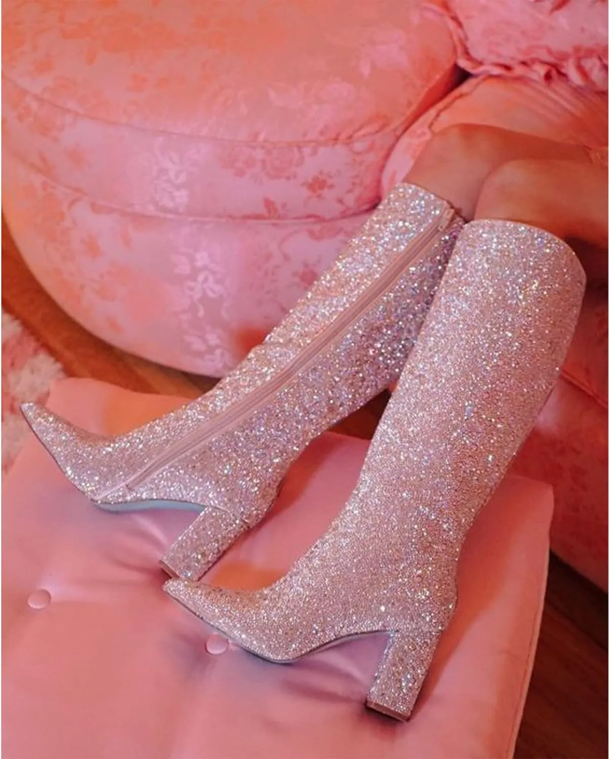 MUCCCUTE Women's Rhinestone Ankle Boots Point-Toe Block Chunky Heel Sparkly Party Wedding Booties Glitter Dressy Fashion Short Boots