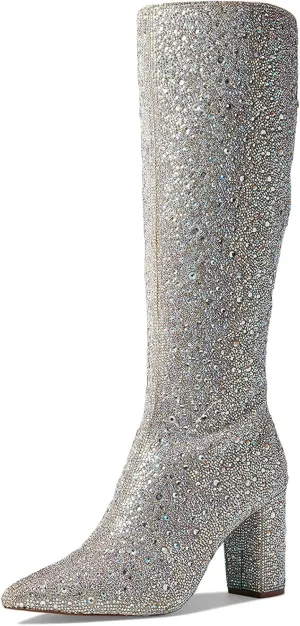 MUCCCUTE Women's Rhinestone Ankle Boots Point-Toe Block Chunky Heel Sparkly Party Wedding Booties Glitter Dressy Fashion Short Boots