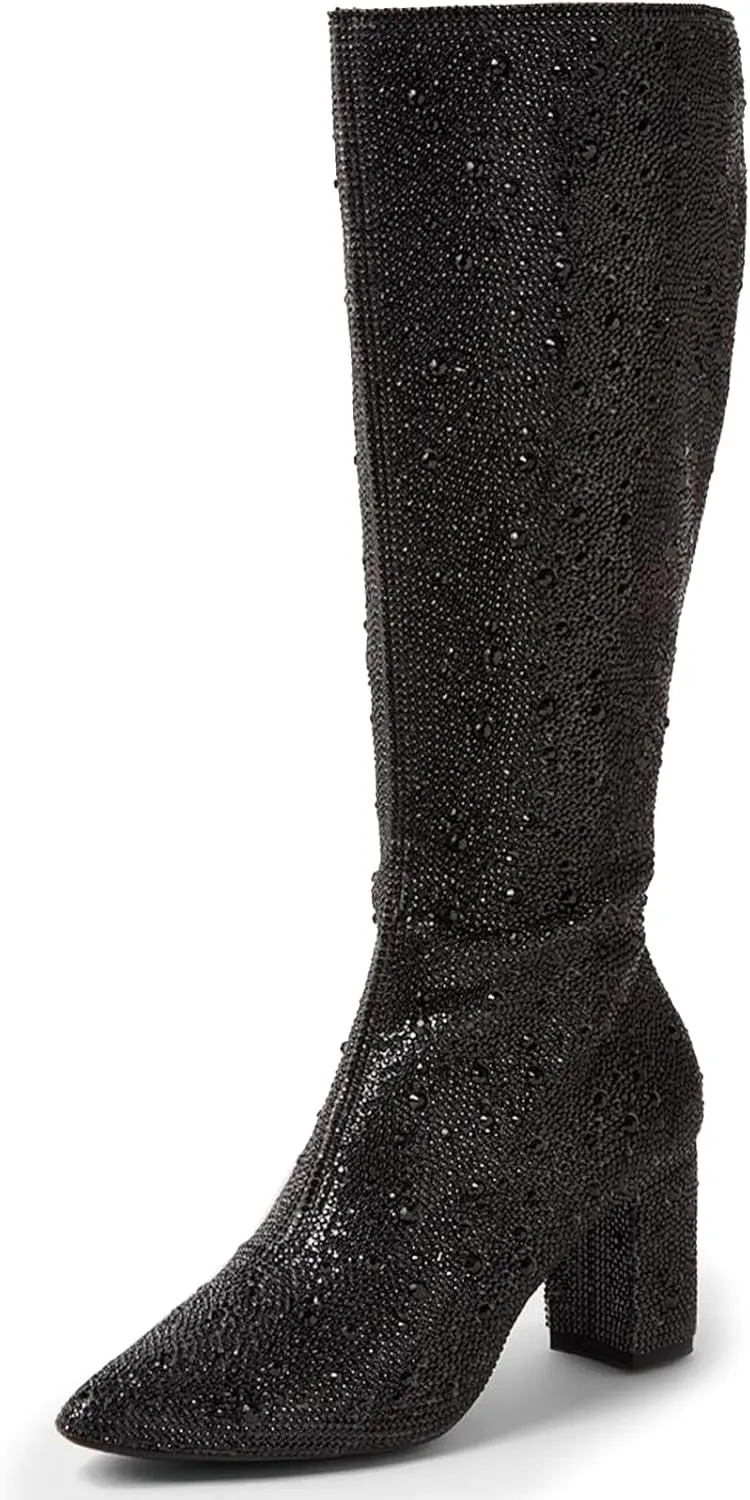 MUCCCUTE Women's Rhinestone Ankle Boots Point-Toe Block Chunky Heel Sparkly Party Wedding Booties Glitter Dressy Fashion Short Boots