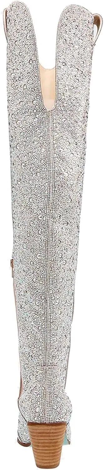 MUCCCUTE Women's Rhinestone Mid Calf Boots Sparkly Block Heel Cowboy Boots Glitter Boots