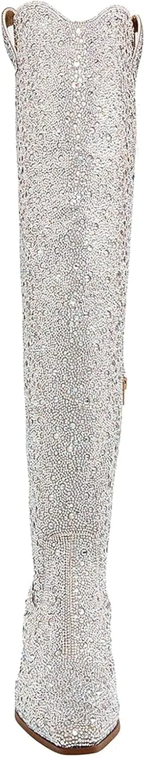 MUCCCUTE Women's Rhinestone Mid Calf Boots Sparkly Block Heel Cowboy Boots Glitter Boots