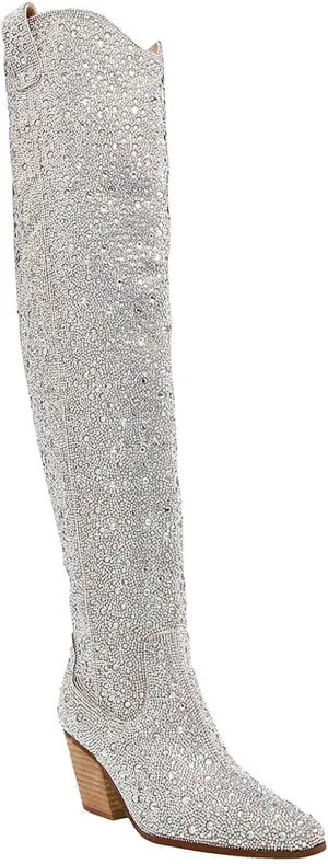 MUCCCUTE Women's Rhinestone Mid Calf Boots Sparkly Block Heel Cowboy Boots Glitter Boots