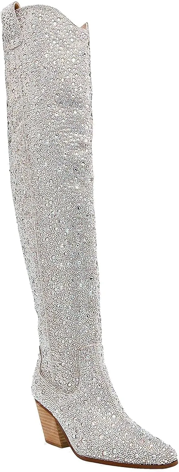 MUCCCUTE Women's Rhinestone Mid Calf Boots Sparkly Block Heel Cowboy Boots Glitter Boots