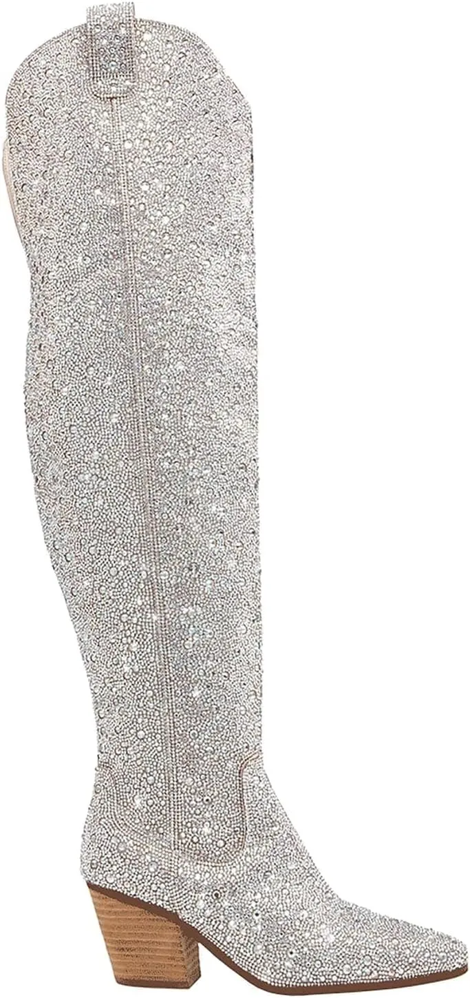 MUCCCUTE Women's Rhinestone Mid Calf Boots Sparkly Block Heel Cowboy Boots Glitter Boots