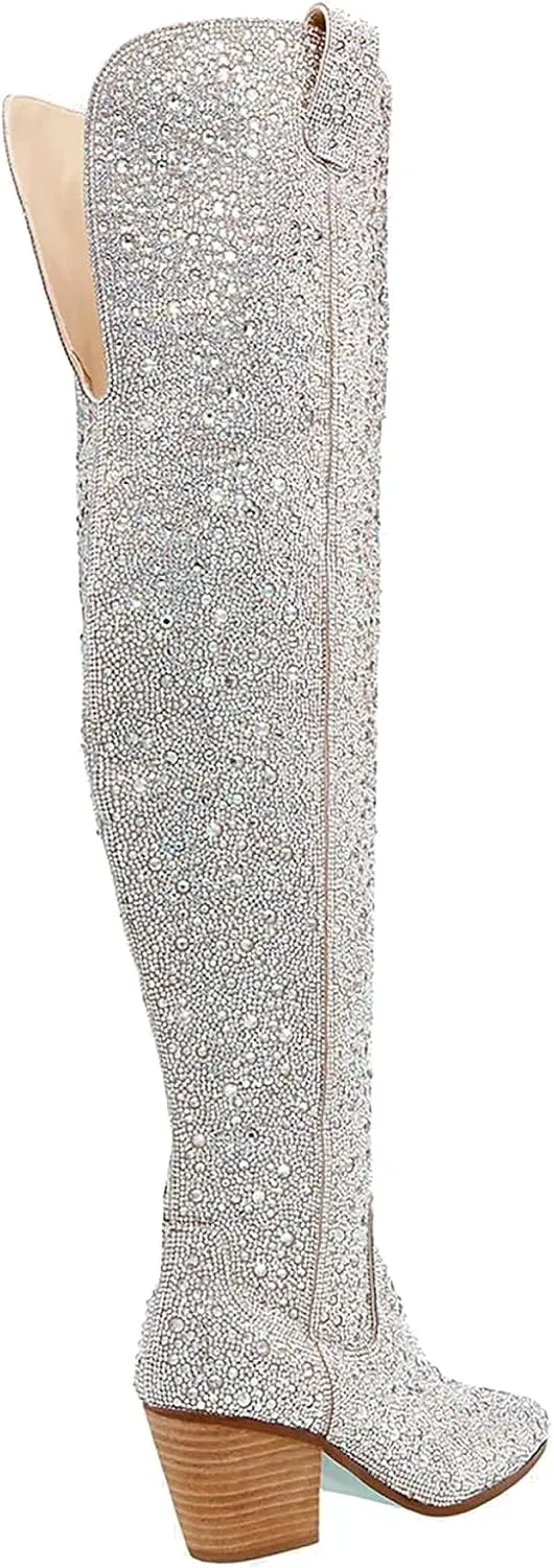 MUCCCUTE Women's Rhinestone Mid Calf Boots Sparkly Block Heel Cowboy Boots Glitter Boots