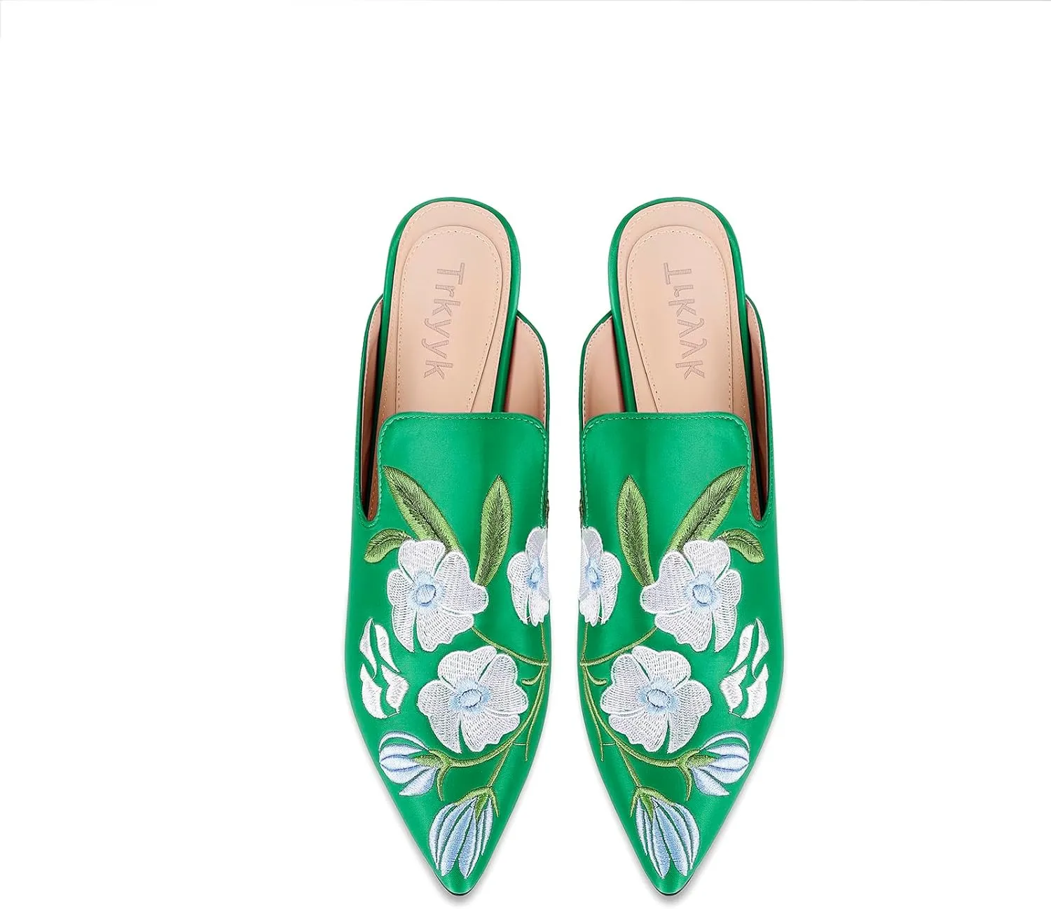 Mules for Women Pointed Toe Embroidered Shoes Satin Comfortable Flats Backless Loafers