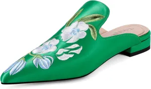 Mules for Women Pointed Toe Embroidered Shoes Satin Comfortable Flats Backless Loafers
