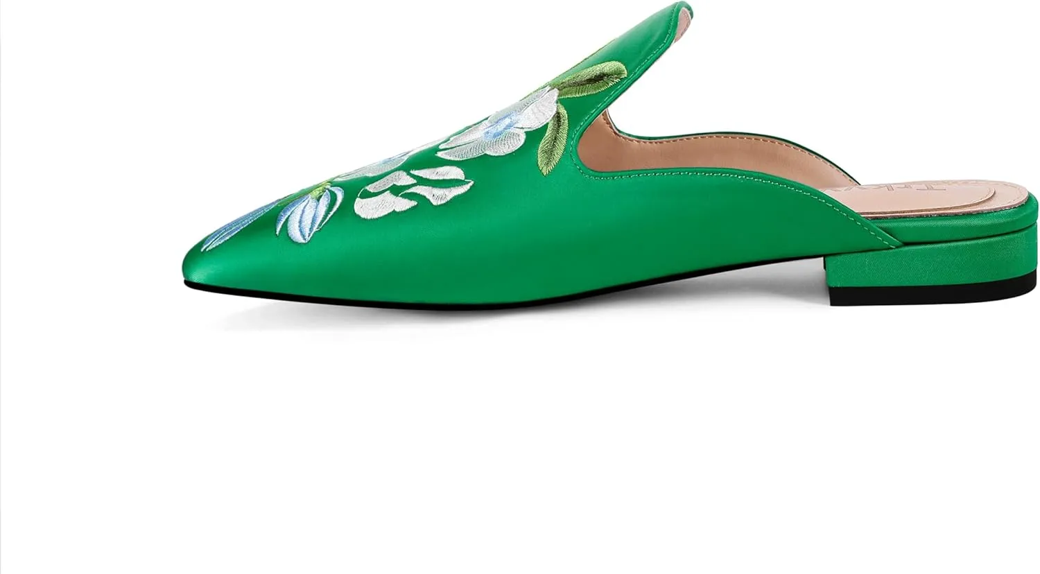 Mules for Women Pointed Toe Embroidered Shoes Satin Comfortable Flats Backless Loafers