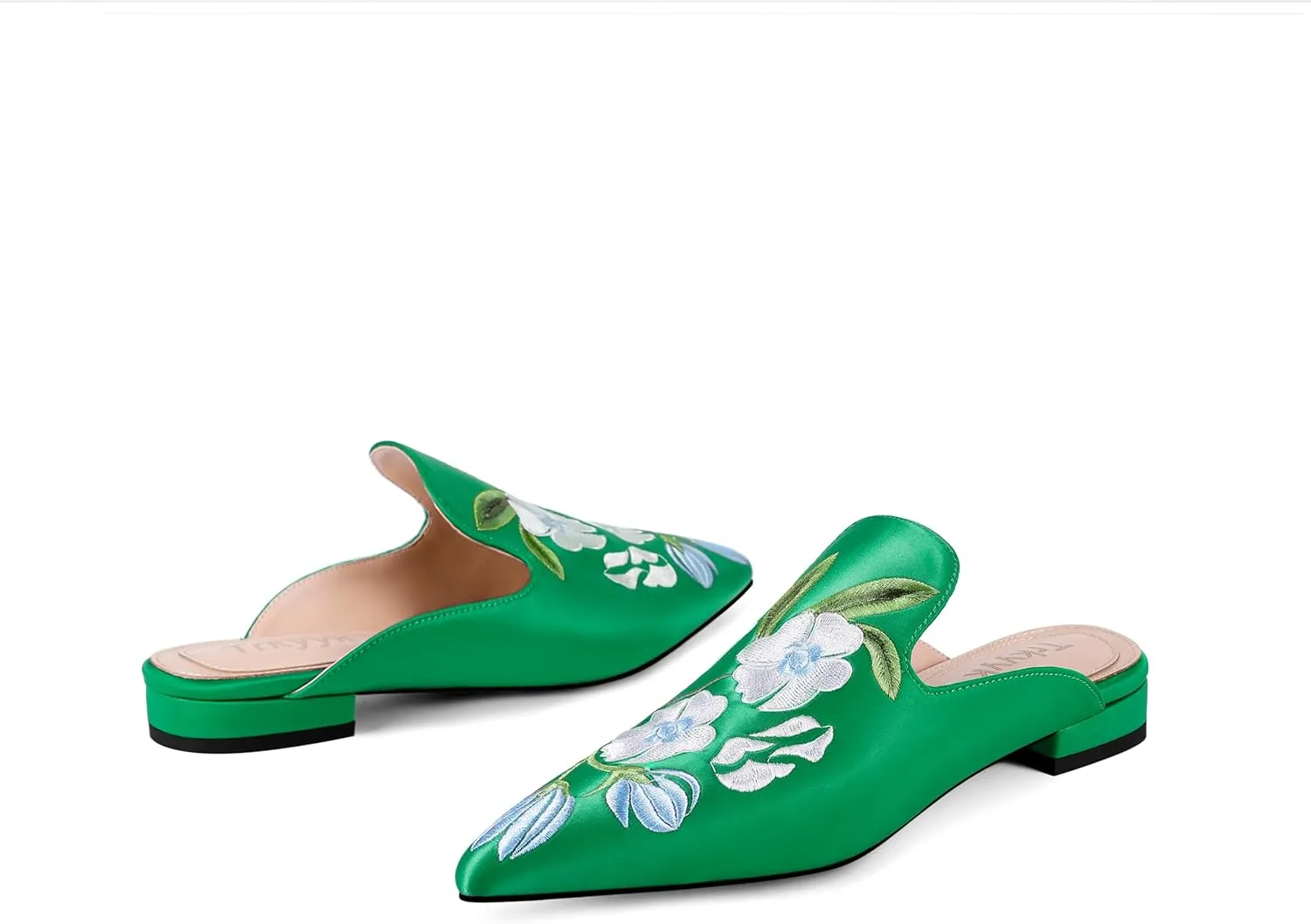 Mules for Women Pointed Toe Embroidered Shoes Satin Comfortable Flats Backless Loafers