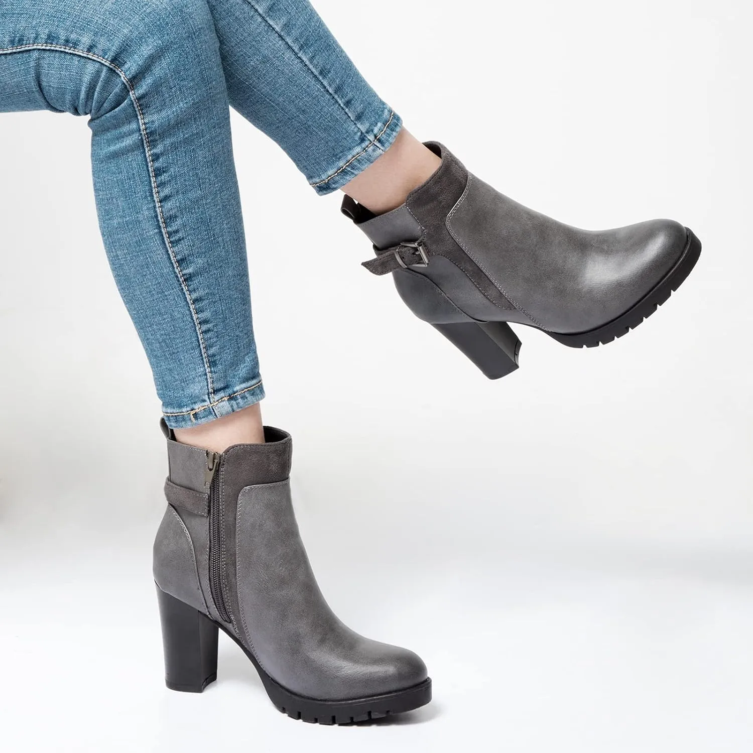 mysoft Women's Ankle Boots Chunky Stacked Heel Zipper Booties - Available in Wide Sizes