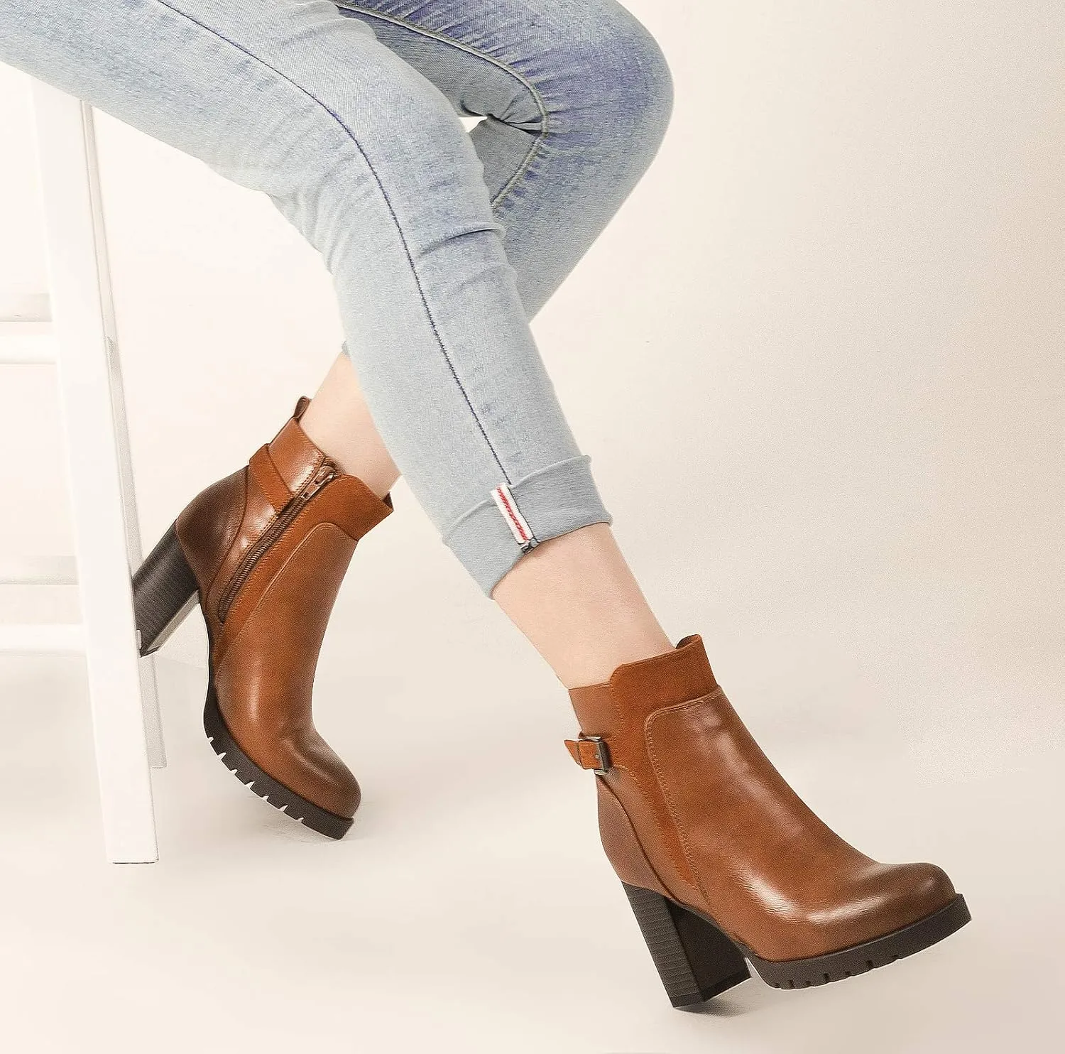 mysoft Women's Ankle Boots Chunky Stacked Heel Zipper Booties - Available in Wide Sizes