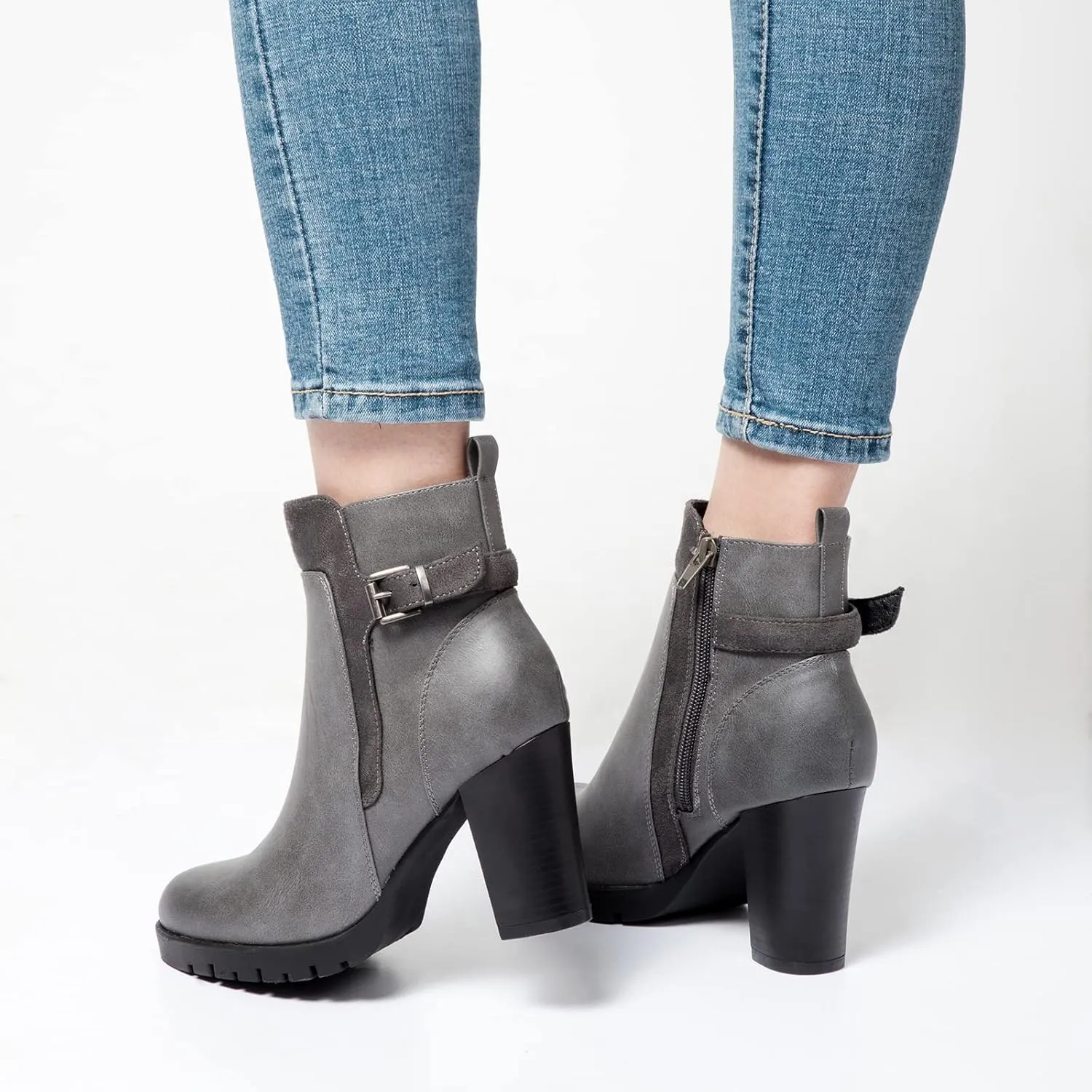 mysoft Women's Ankle Boots Chunky Stacked Heel Zipper Booties - Available in Wide Sizes