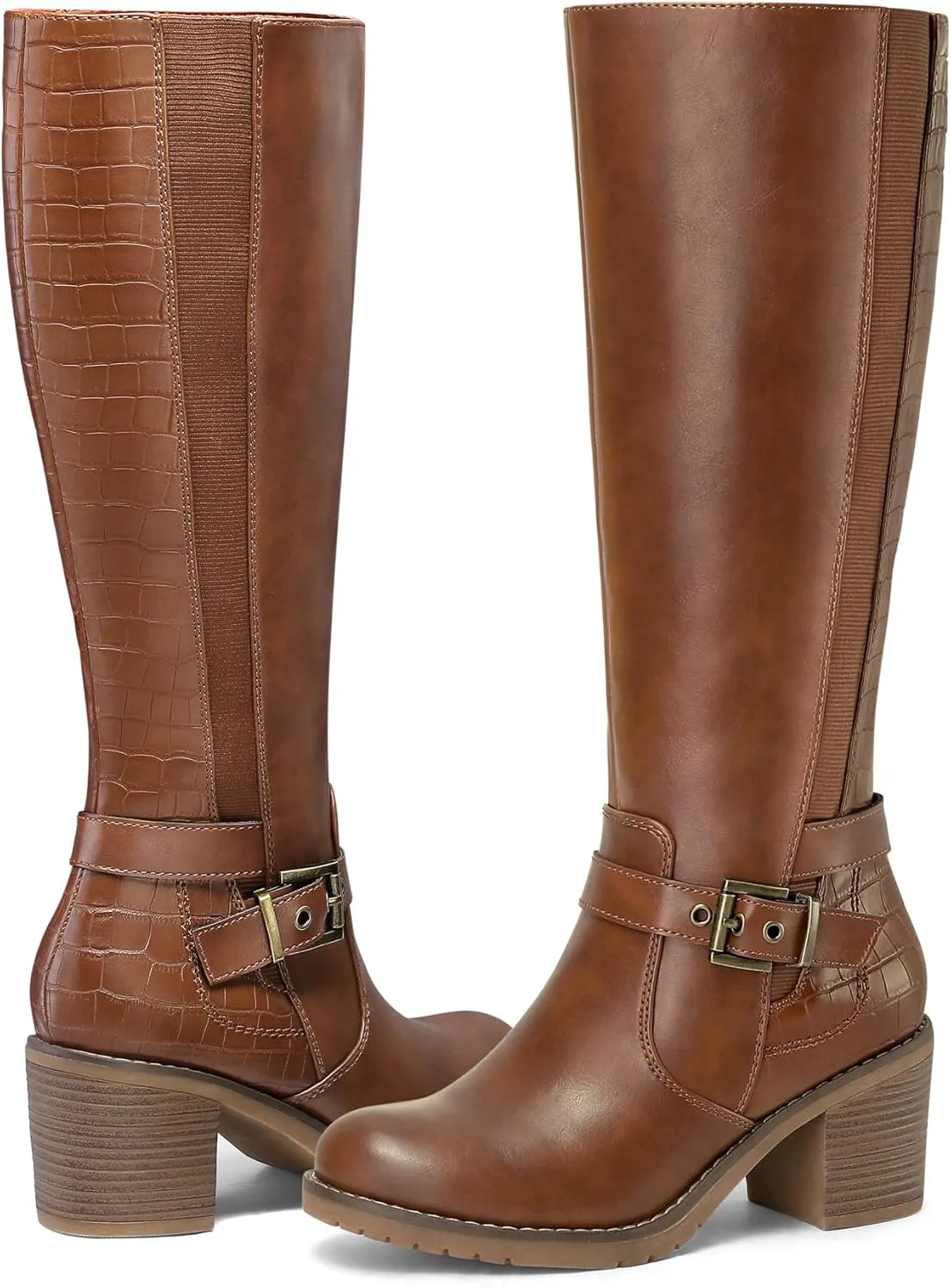 mysoft Women's Knee High Boots Chunky Block Heels with Side Zipper and Stretchy Elastic Panels