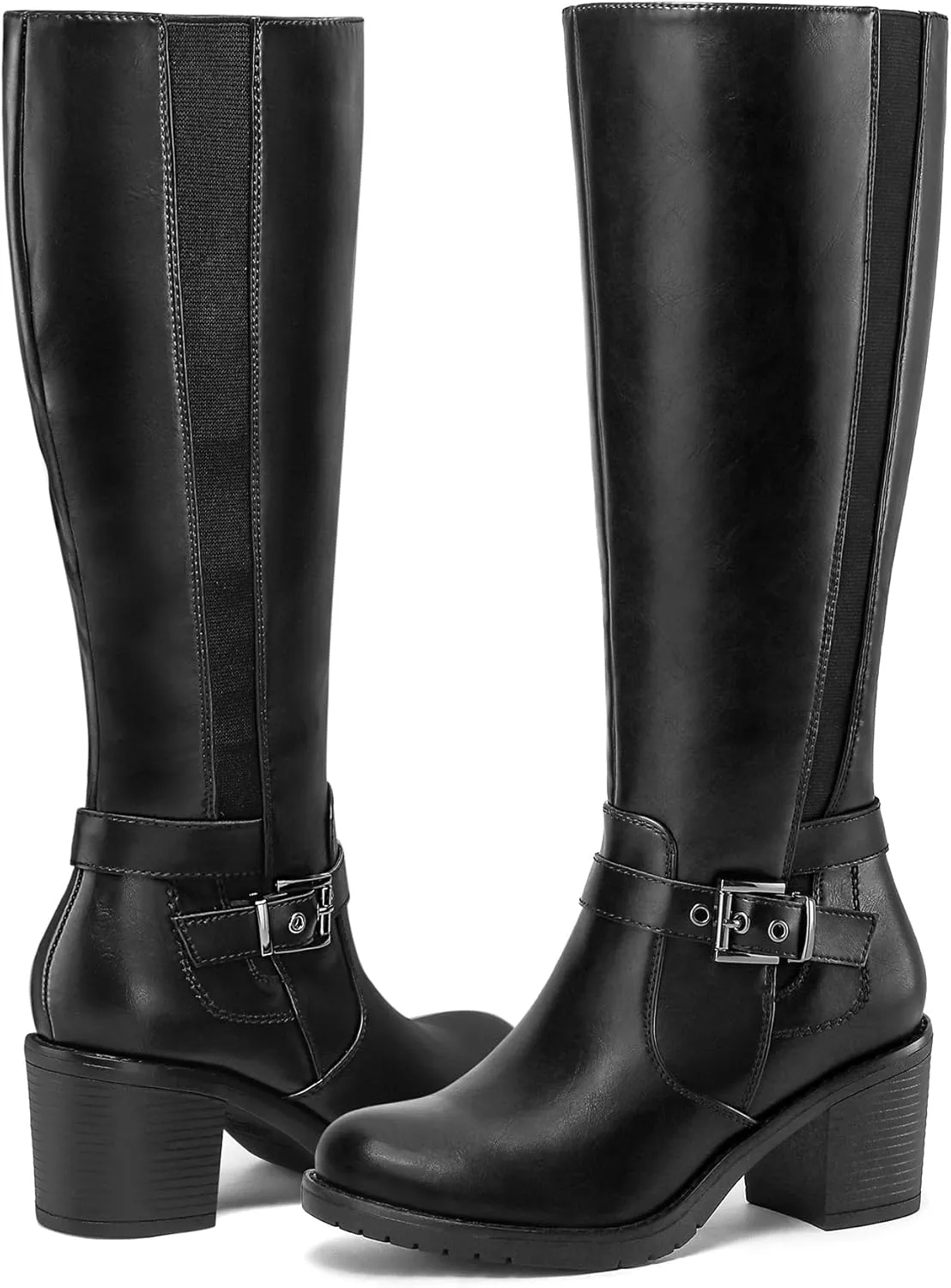 mysoft Women's Knee High Boots Chunky Block Heels with Side Zipper and Stretchy Elastic Panels