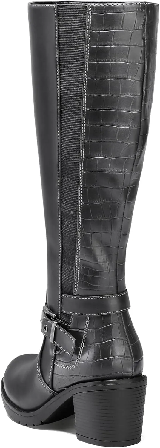 mysoft Women's Knee High Boots Chunky Block Heels with Side Zipper and Stretchy Elastic Panels