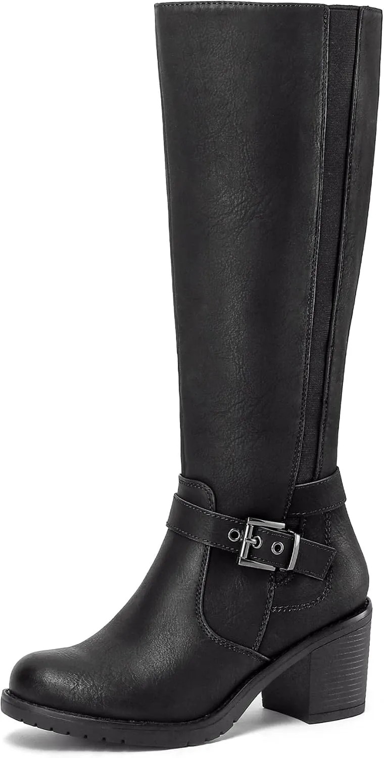mysoft Women's Knee High Boots Chunky Block Heels with Side Zipper and Stretchy Elastic Panels