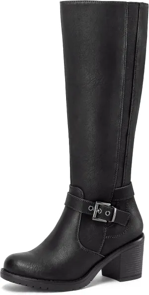 mysoft Women's Knee High Boots Chunky Block Heels with Side Zipper and Stretchy Elastic Panels
