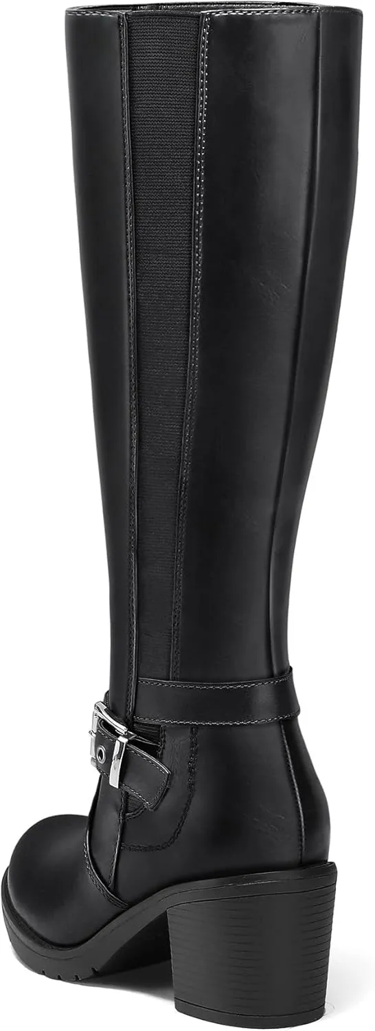 mysoft Women's Knee High Boots Chunky Block Heels with Side Zipper and Stretchy Elastic Panels