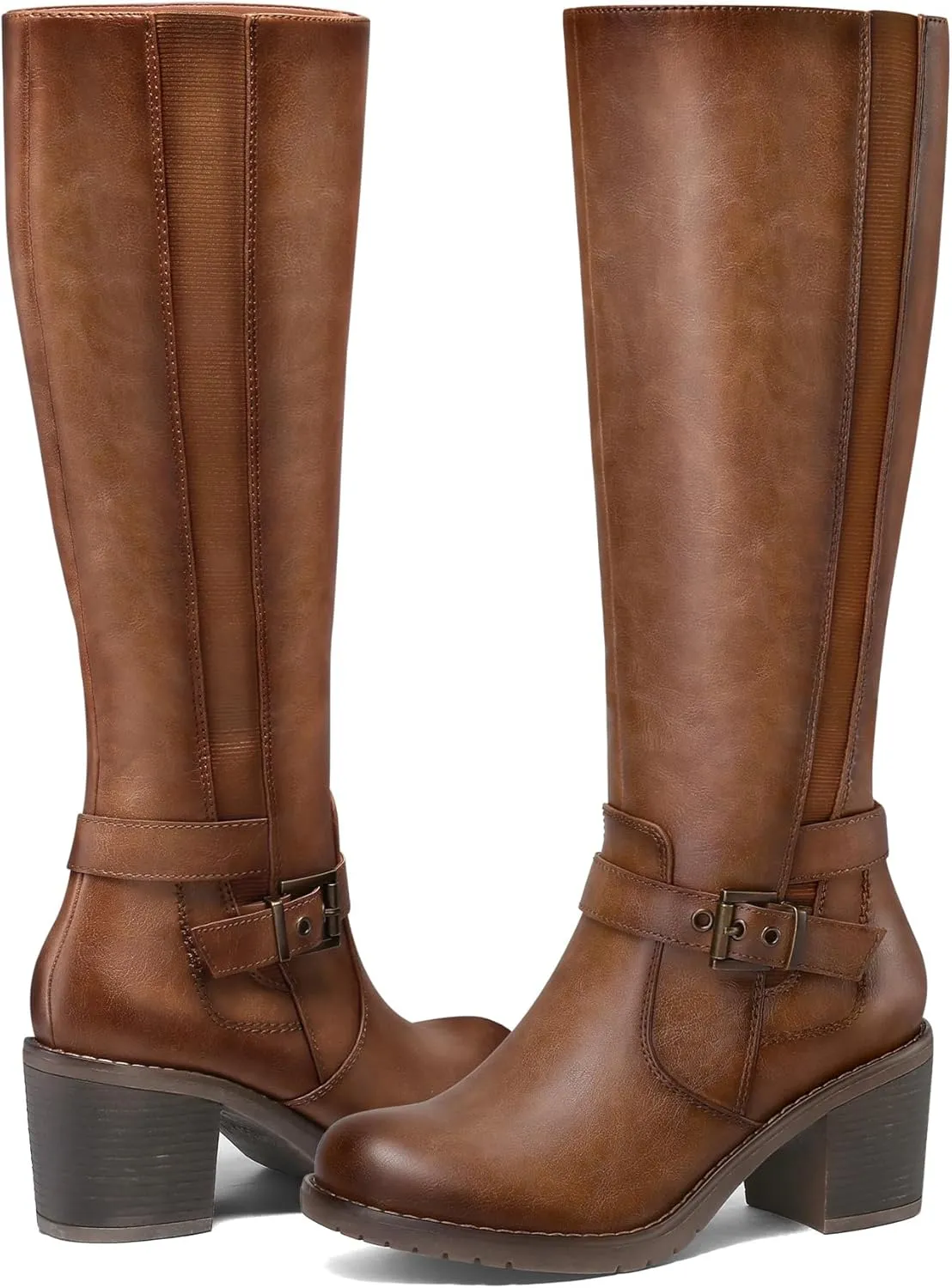 mysoft Women's Knee High Boots Chunky Block Heels with Side Zipper and Stretchy Elastic Panels