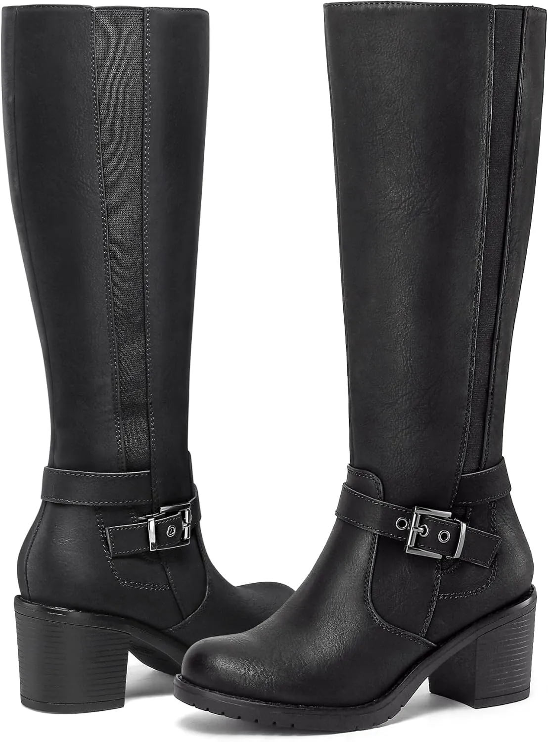 mysoft Women's Knee High Boots Chunky Block Heels with Side Zipper and Stretchy Elastic Panels