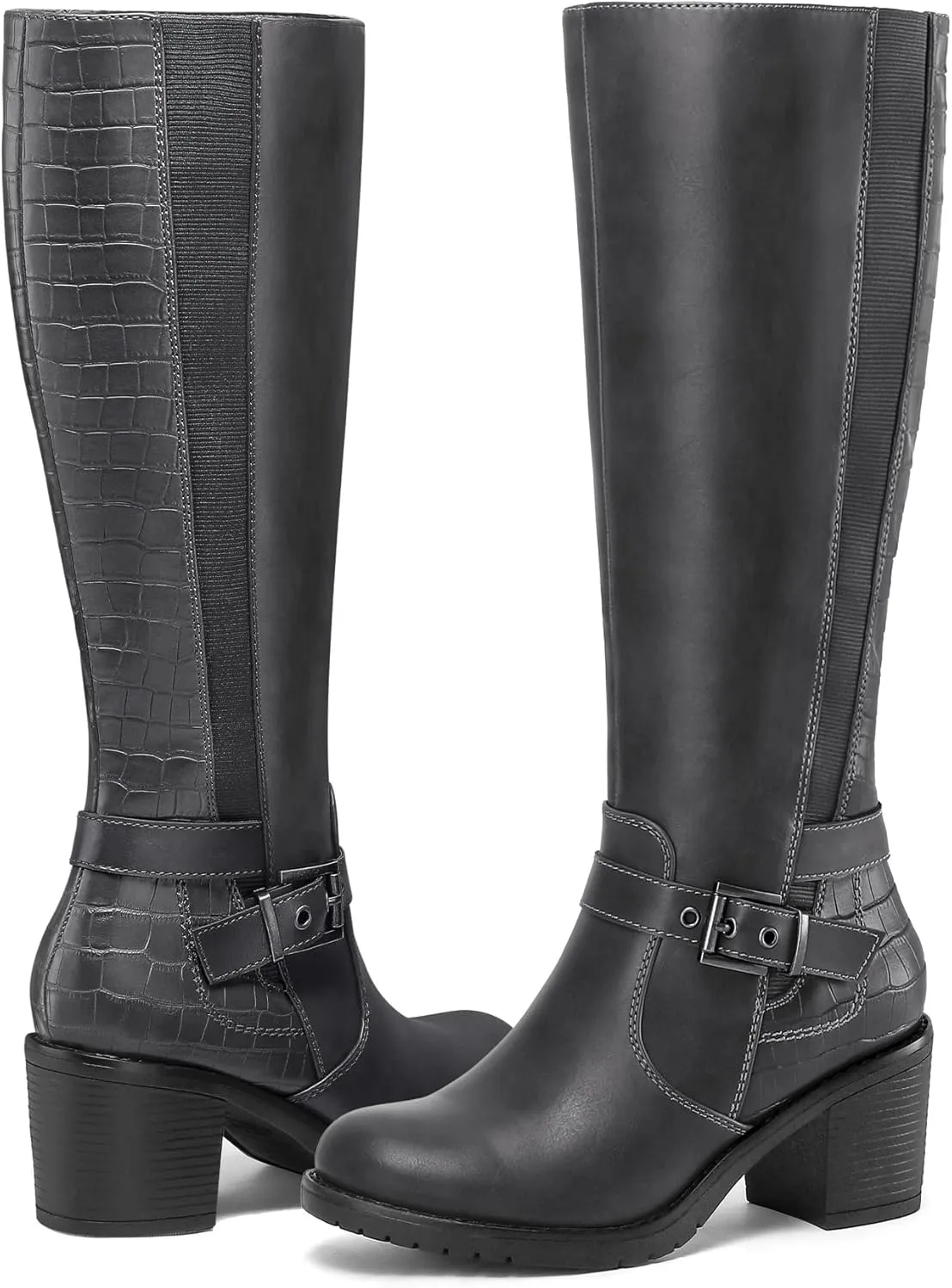 mysoft Women's Knee High Boots Chunky Block Heels with Side Zipper and Stretchy Elastic Panels