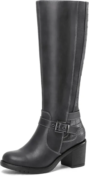 mysoft Women's Knee High Boots Chunky Block Heels with Side Zipper and Stretchy Elastic Panels