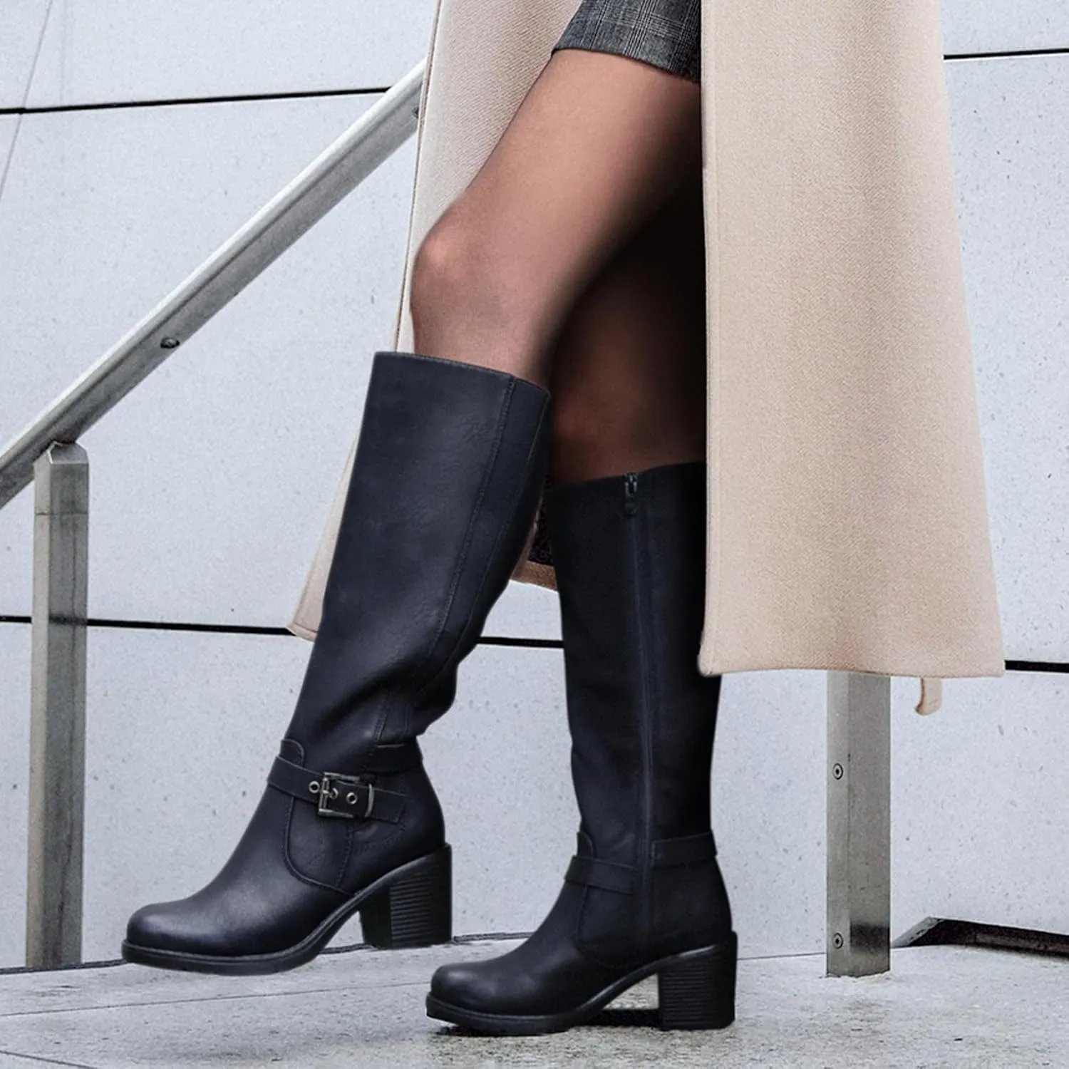 mysoft Women's Knee High Boots Chunky Block Heels with Side Zipper and Stretchy Elastic Panels