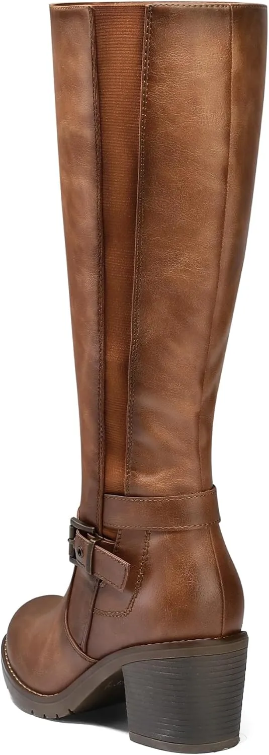 mysoft Women's Knee High Boots Chunky Block Heels with Side Zipper and Stretchy Elastic Panels