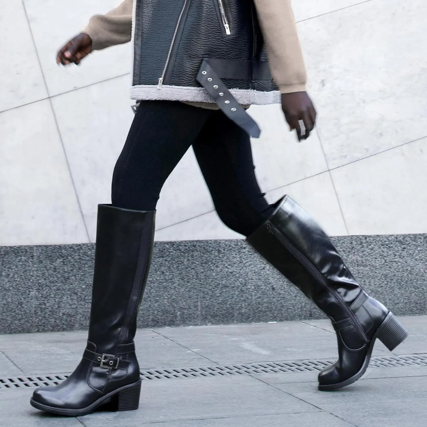 mysoft Women's Knee High Boots Chunky Block Heels with Side Zipper and Stretchy Elastic Panels