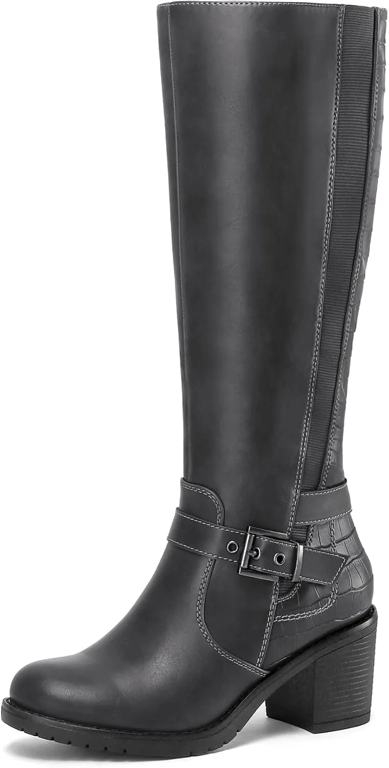 mysoft Women's Knee High Boots Chunky Block Heels with Side Zipper and Stretchy Elastic Panels