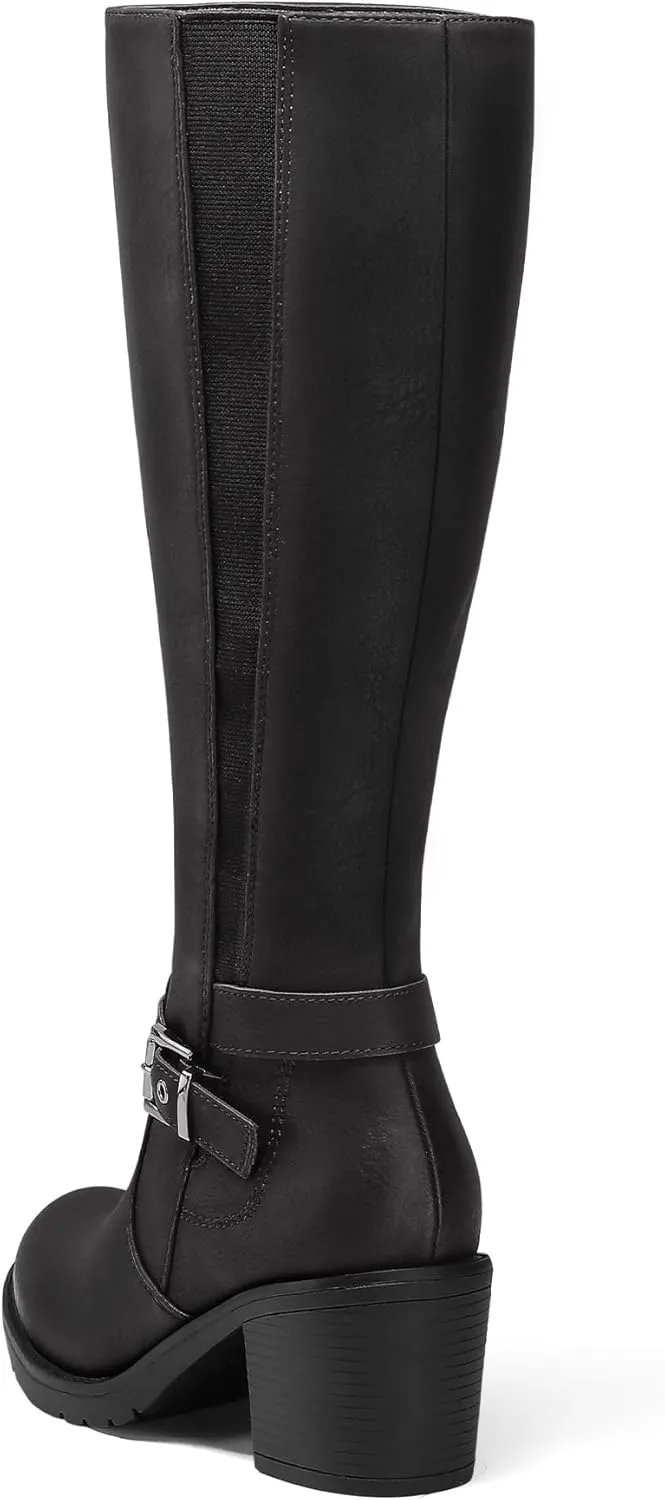mysoft Women's Knee High Boots Chunky Block Heels with Side Zipper and Stretchy Elastic Panels