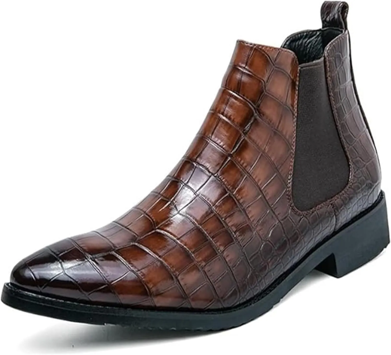 New Chelsea Boots for Men Pointed Tip Faux Crocodile Print Leather Wearable Non Slip On Casual Dress Boots