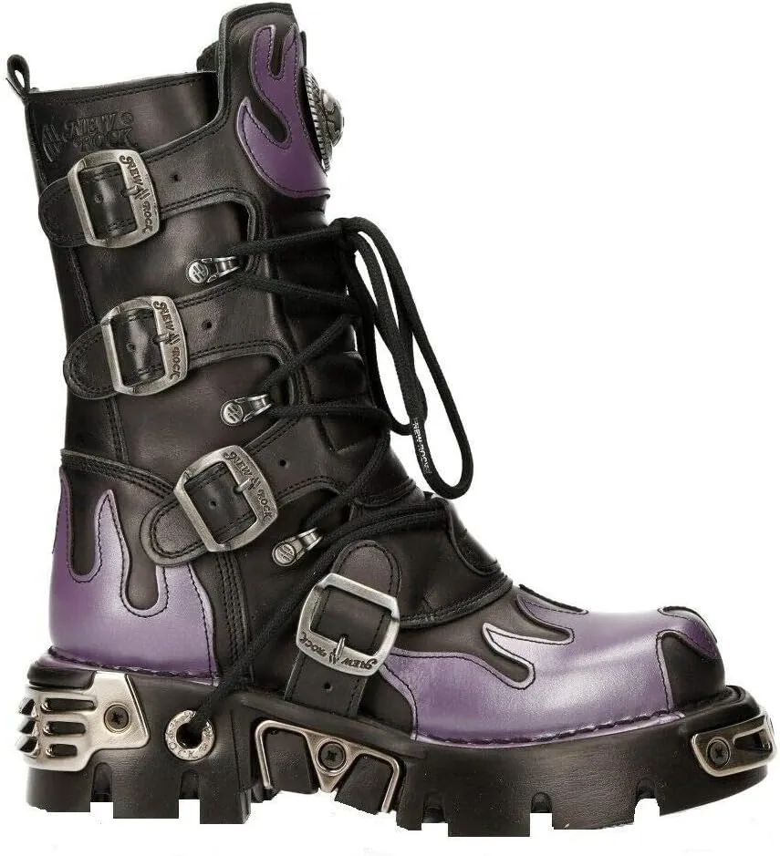 New Rock M-591-S5 PURPLE FLAME PUNK BOOTS Black Leather Gothic Heavy Biker