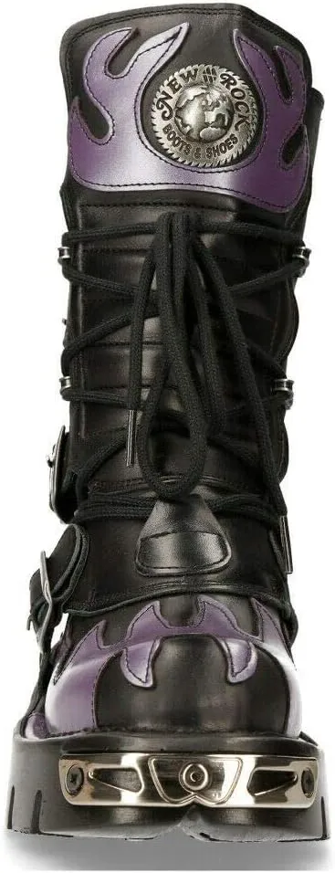 New Rock M-591-S5 PURPLE FLAME PUNK BOOTS Black Leather Gothic Heavy Biker
