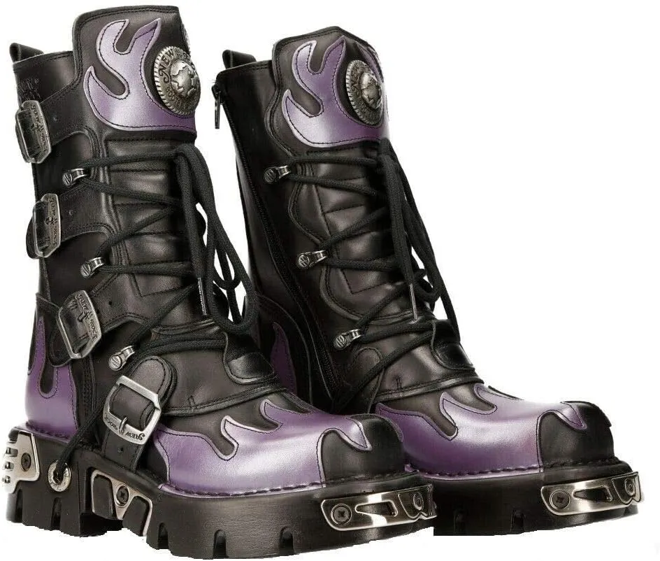 New Rock M-591-S5 PURPLE FLAME PUNK BOOTS Black Leather Gothic Heavy Biker