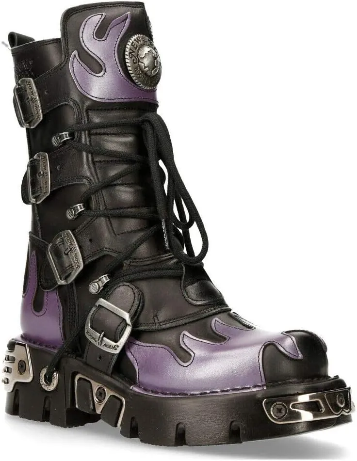 New Rock M-591-S5 PURPLE FLAME PUNK BOOTS Black Leather Gothic Heavy Biker