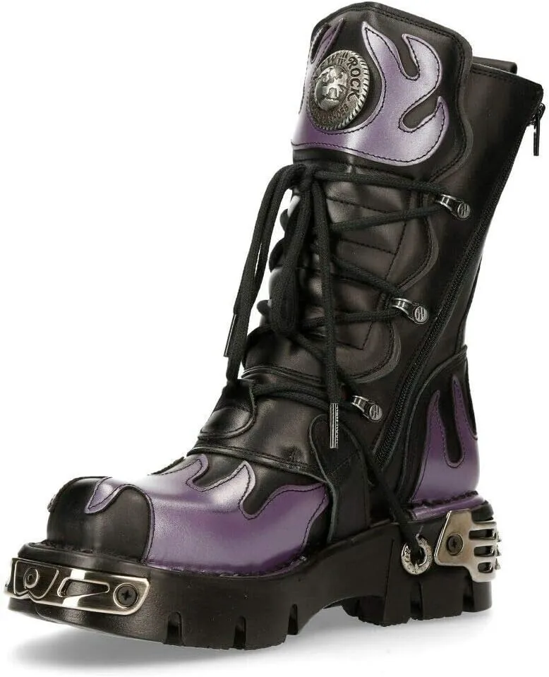 New Rock M-591-S5 PURPLE FLAME PUNK BOOTS Black Leather Gothic Heavy Biker