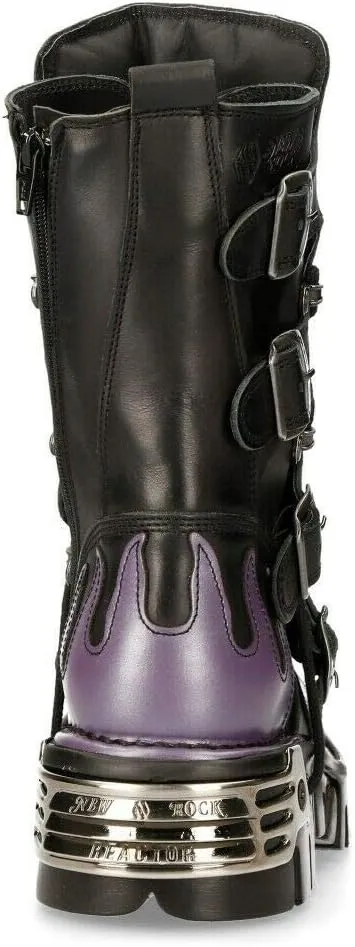 New Rock M-591-S5 PURPLE FLAME PUNK BOOTS Black Leather Gothic Heavy Biker