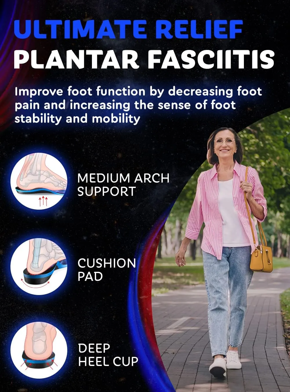 (New) Work Orthotic Insoles - Anti Fatigue Medium Arch Support Shoe Insert Men Women - for Plantar Fasciitis Flat Feet Leg - Relieve Foot Pain - Work Boot Insoles for Standing All Day [L, Universe]