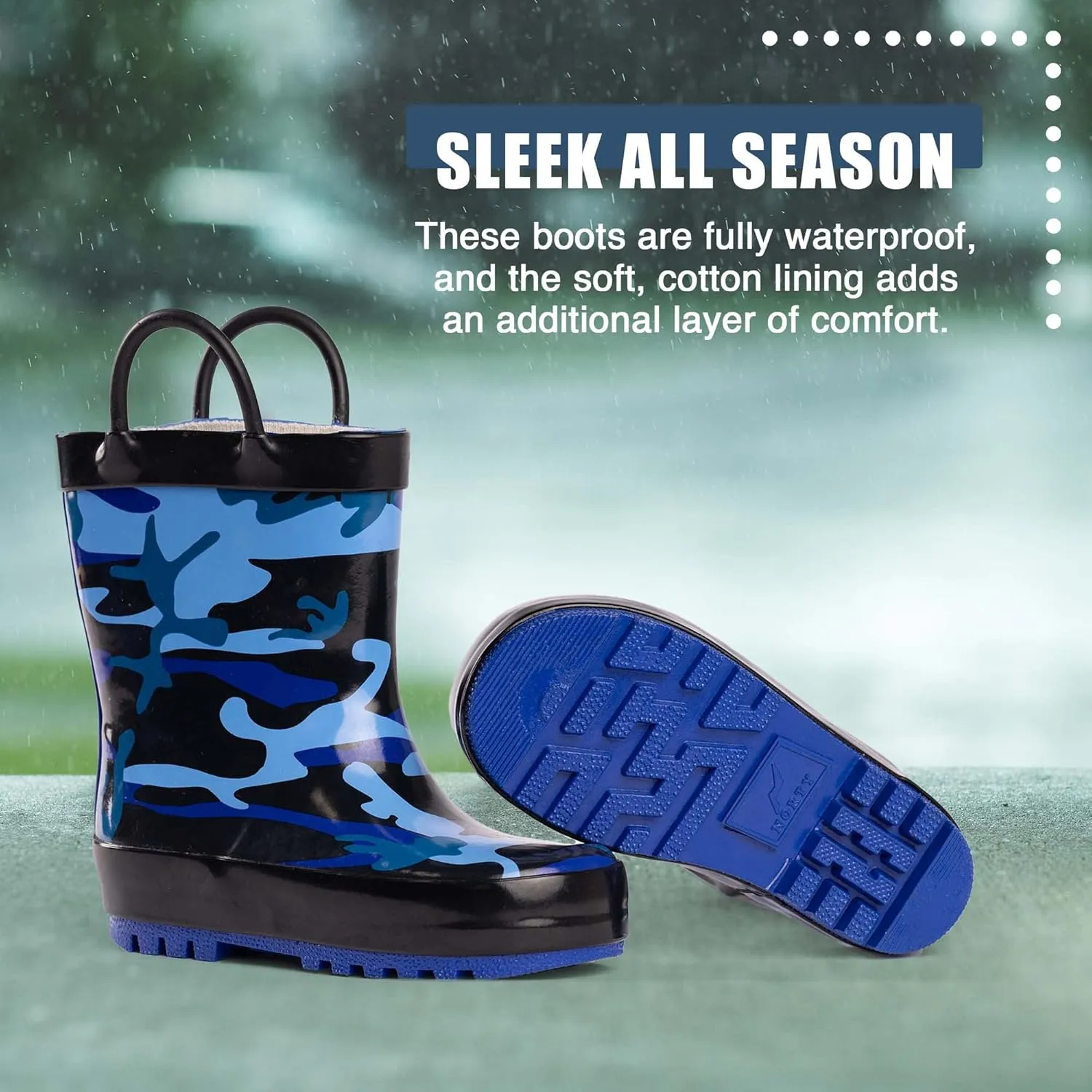 NORTY Rubber Rain Boots for Kids - Waterproof Rubber Boots Boys and Girls Solid & Printed Rainboots for Toddlers and Kids