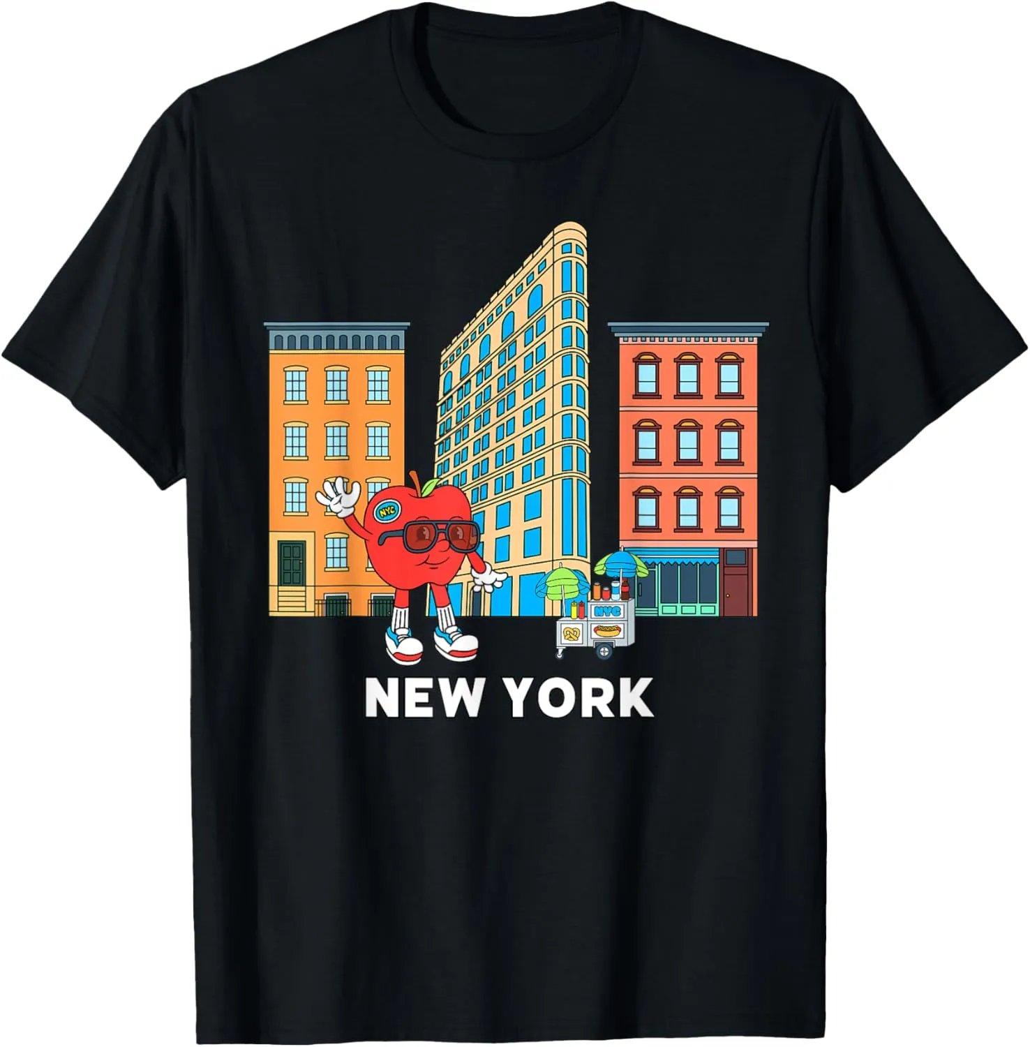 NYC Big Apple Cartoon Flatiron Skyline Food Cart Street T-Shirt