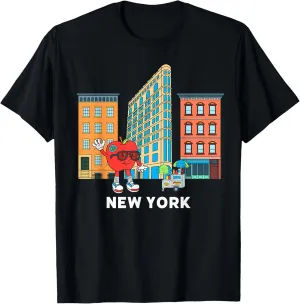 NYC Big Apple Cartoon Flatiron Skyline Food Cart Street T-Shirt